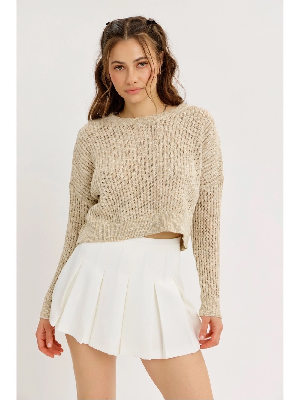 NWT Open-Knit Oversized Sweater Top with Dropped Shoulders - Beige